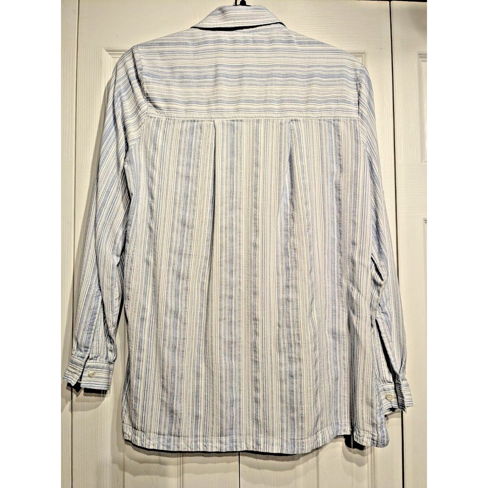 ATHLETA Womens Sz M Blue Stripe Button Pocket Curved Hem Viscose Roll Tab Sleeve - Picture 7 of 16